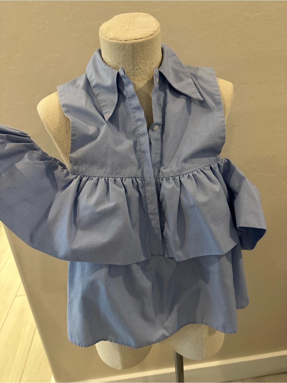 Zara Light Blue Ruffle Cold-Shoulder Blouse
